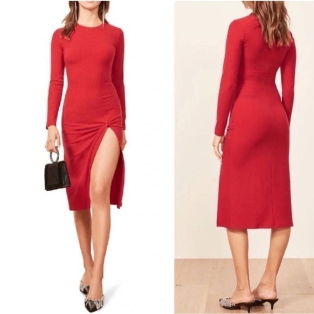 Reformation Dress Piazza Midi Ribbed Front Tie in Red - Picture 1 of 8